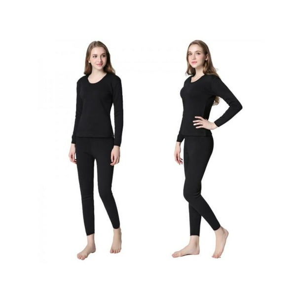 Warm Base Layer Top Bottom Black One Size Ladies Winter Thermal Underwear High Elasticity O-Neck Top Long Johns Pajama Set Womens Thermal Underwear Set